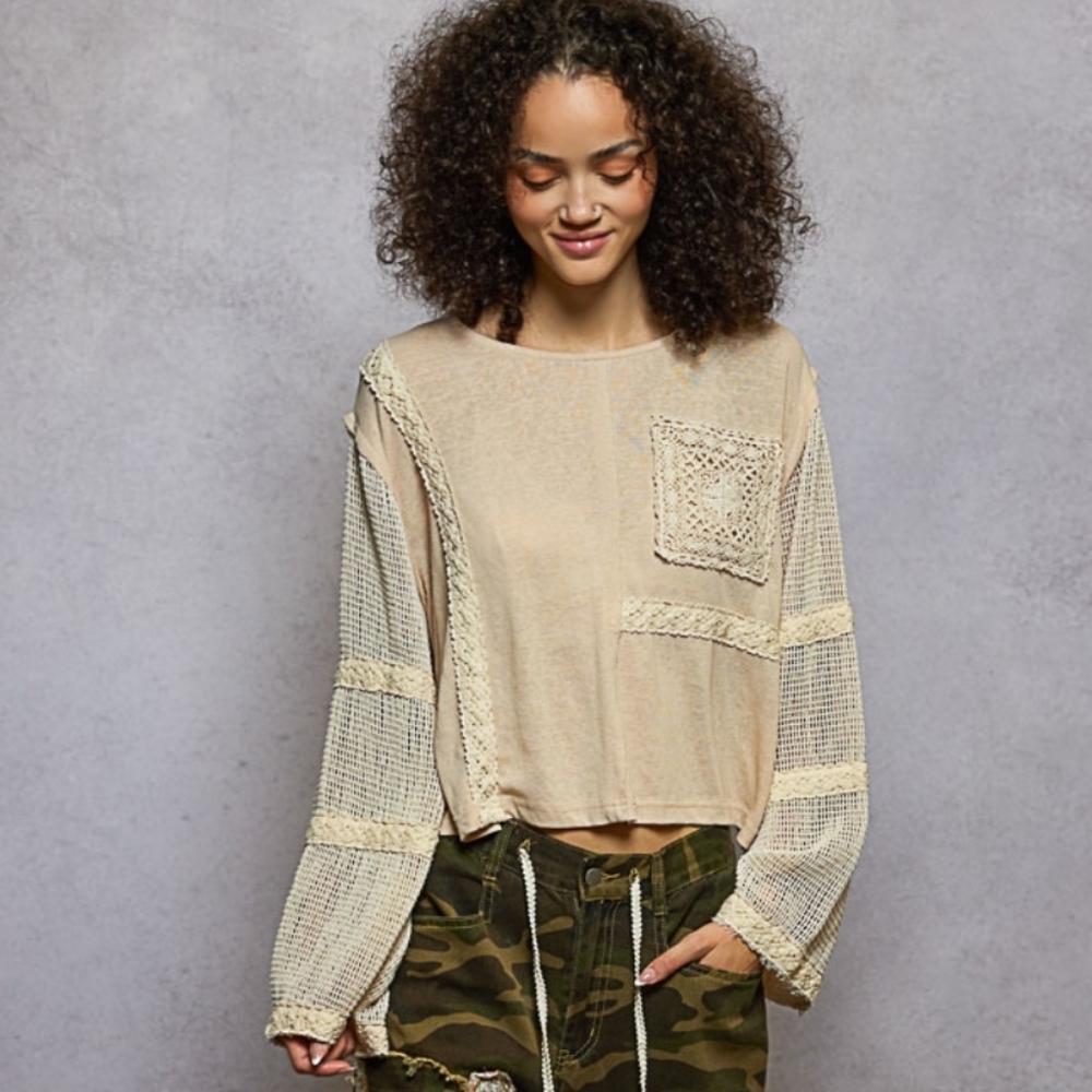 POL Boho Cream Crochet Patchwork Bell Sleeve Oversized Cottagecore Lace - Picture 1 of 5